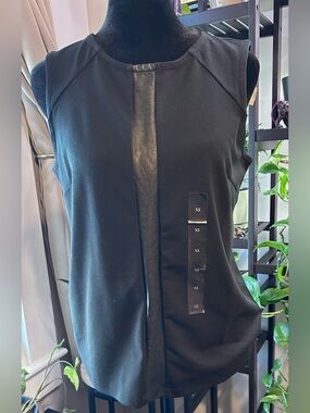 Banana Republic Sleeveless Black Shell Top with Leather-Trim Front